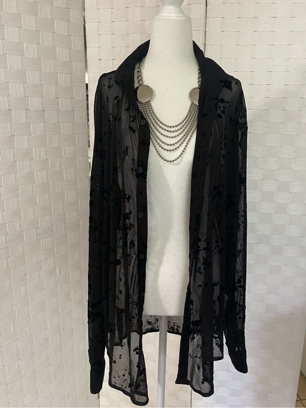 Zara Black Sheer Floral-Texture Button Shirt
